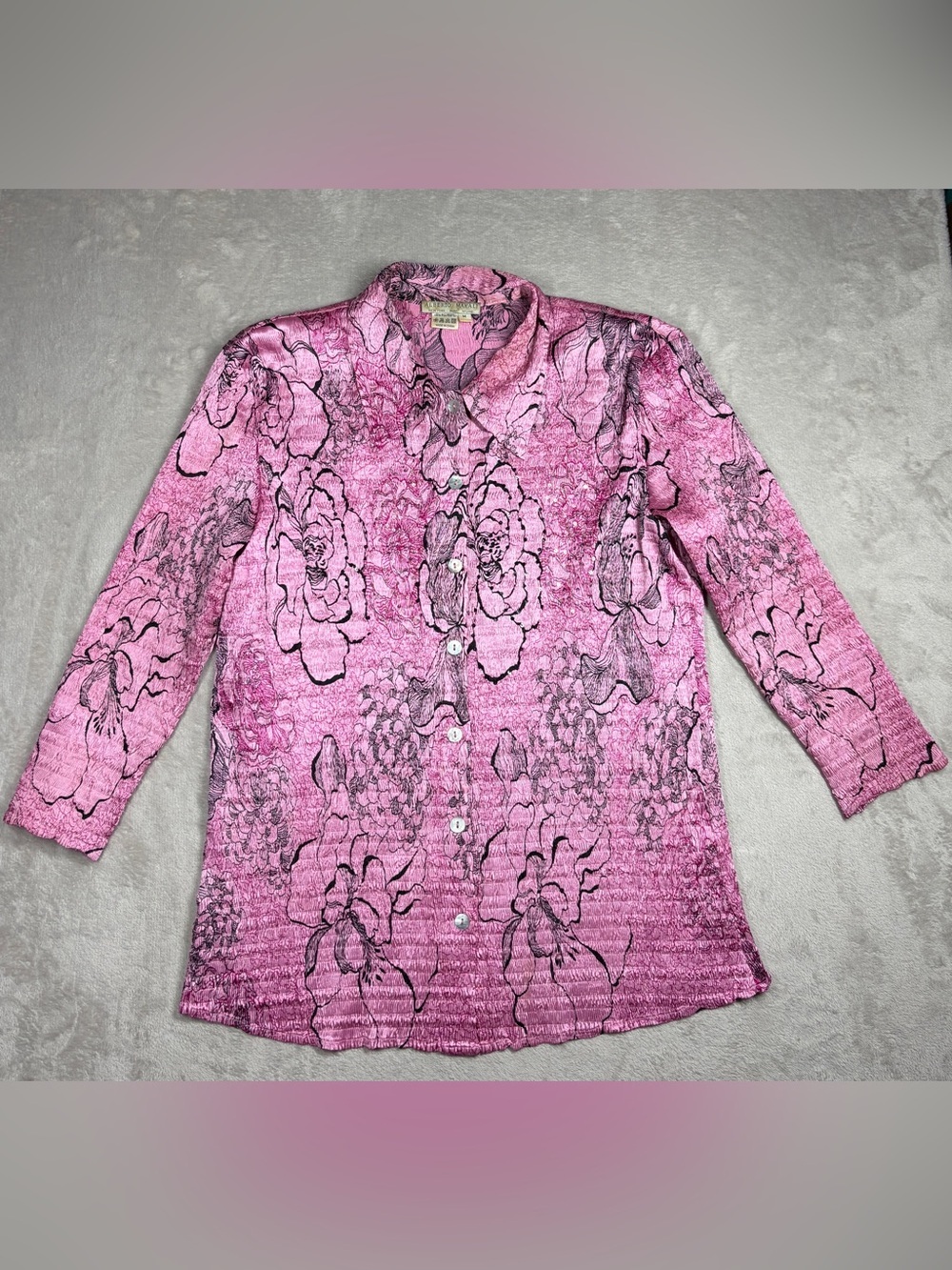 Alberto Makali Pink Black Floral Sequin Smocked Button Front Collared Blouse M